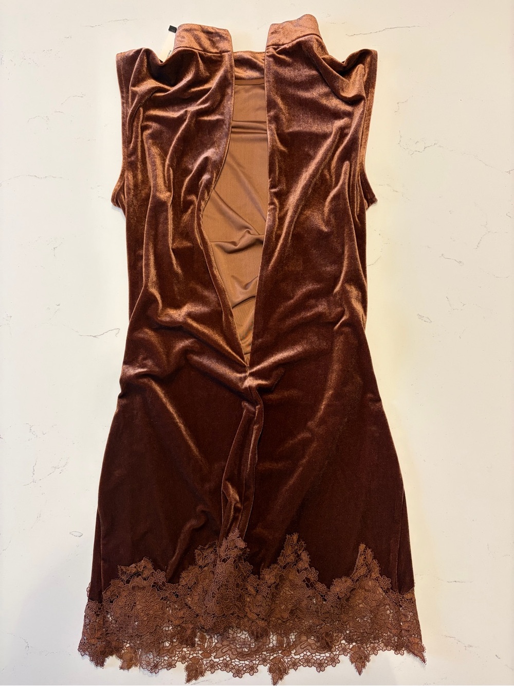 Commense Brown Velvet Lace Trim Mock Neck Slip Dress - Picture 5 of 7